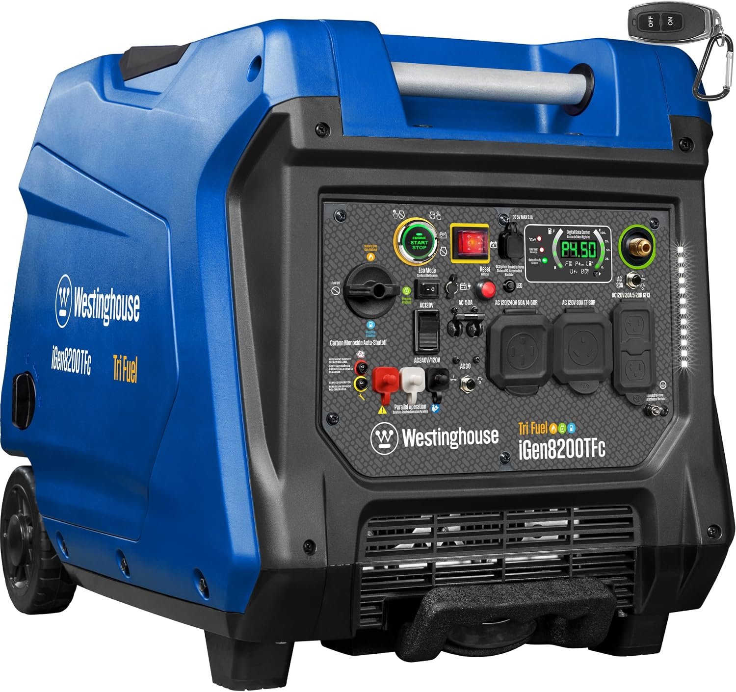 Westinghouse iGen8200TFc Tri-Fuel Portable Inverter Generator – 8,200W Peak/6,600W Running with Remote Start & CO Sensor – iGen8200TFc