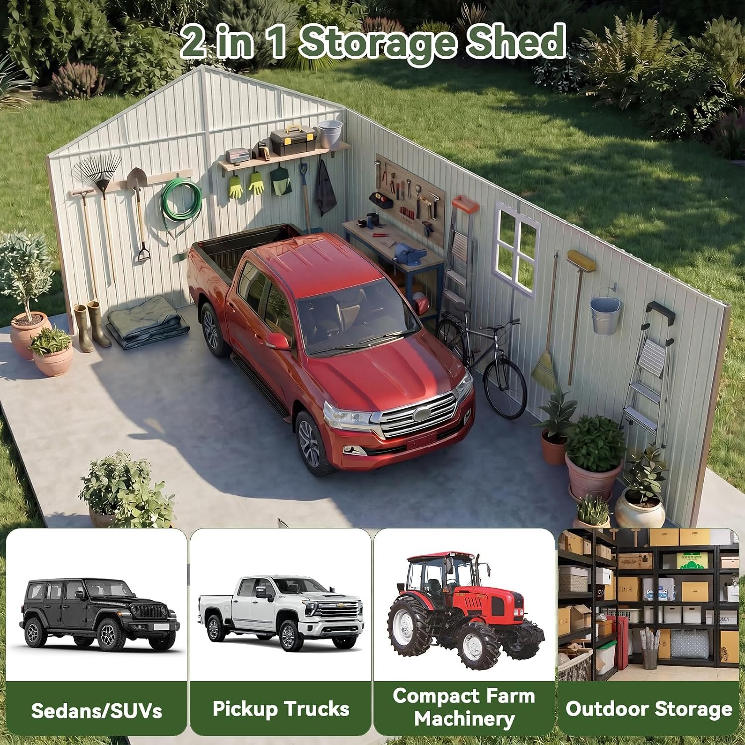 Aoxun 12x20x9.3 FT Metal Storage Shed – 1700 cu ft Outdoor Garage with Double Doors, Side Door & Windows for Vehicles & Garden Tools - Image 3