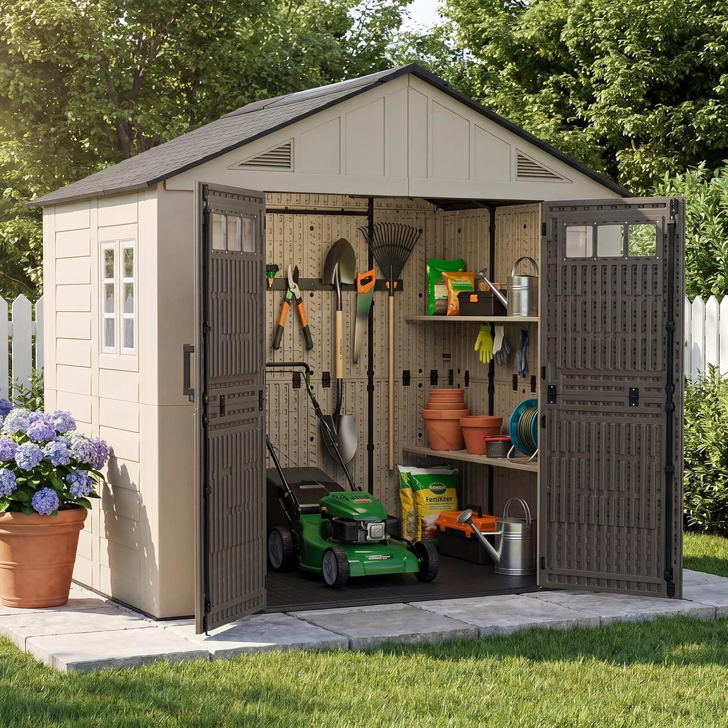 Aoxun 8×6 Ft Outdoor Storage Shed with Floor – Large Resin Shed with Lockable Door & Windows for Lawn Tools, Pool Supplies & Bikes