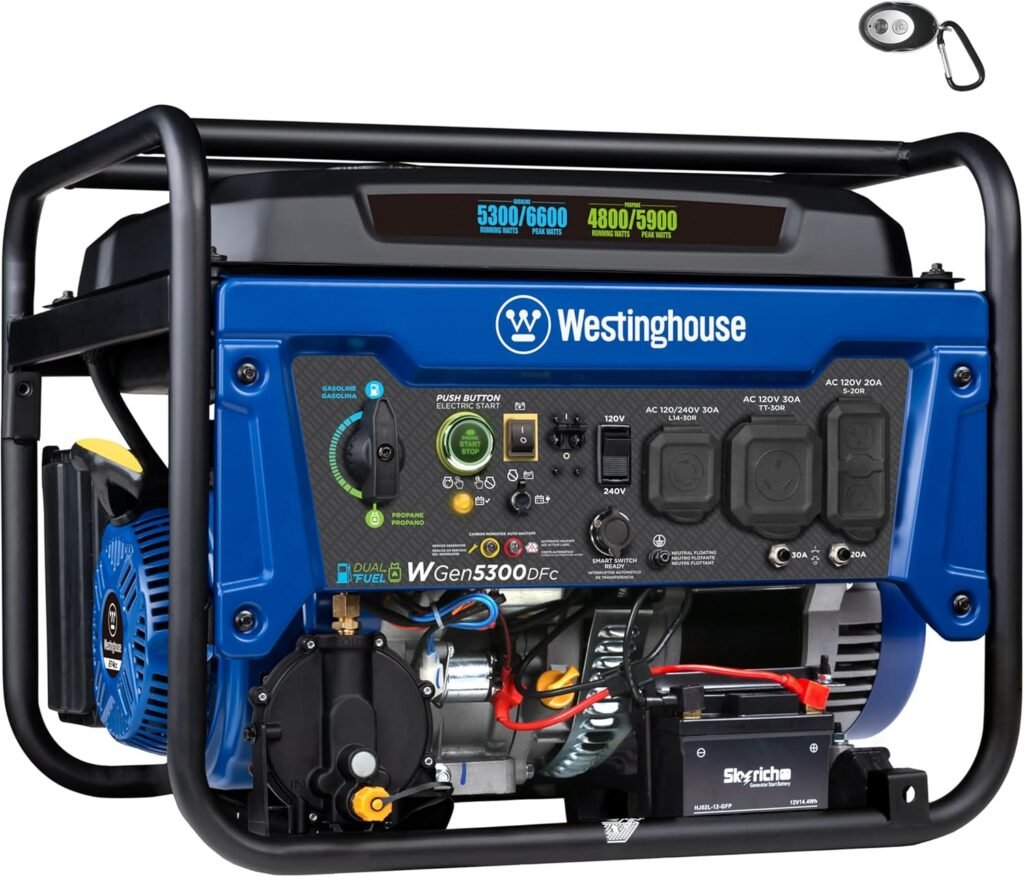 Westinghouse WGen5300DFc Dual Fuel Portable Generator – 6,600W Gas/5,900W Propane with Remote Electric Start & CO Sensor – WGen5300DFc