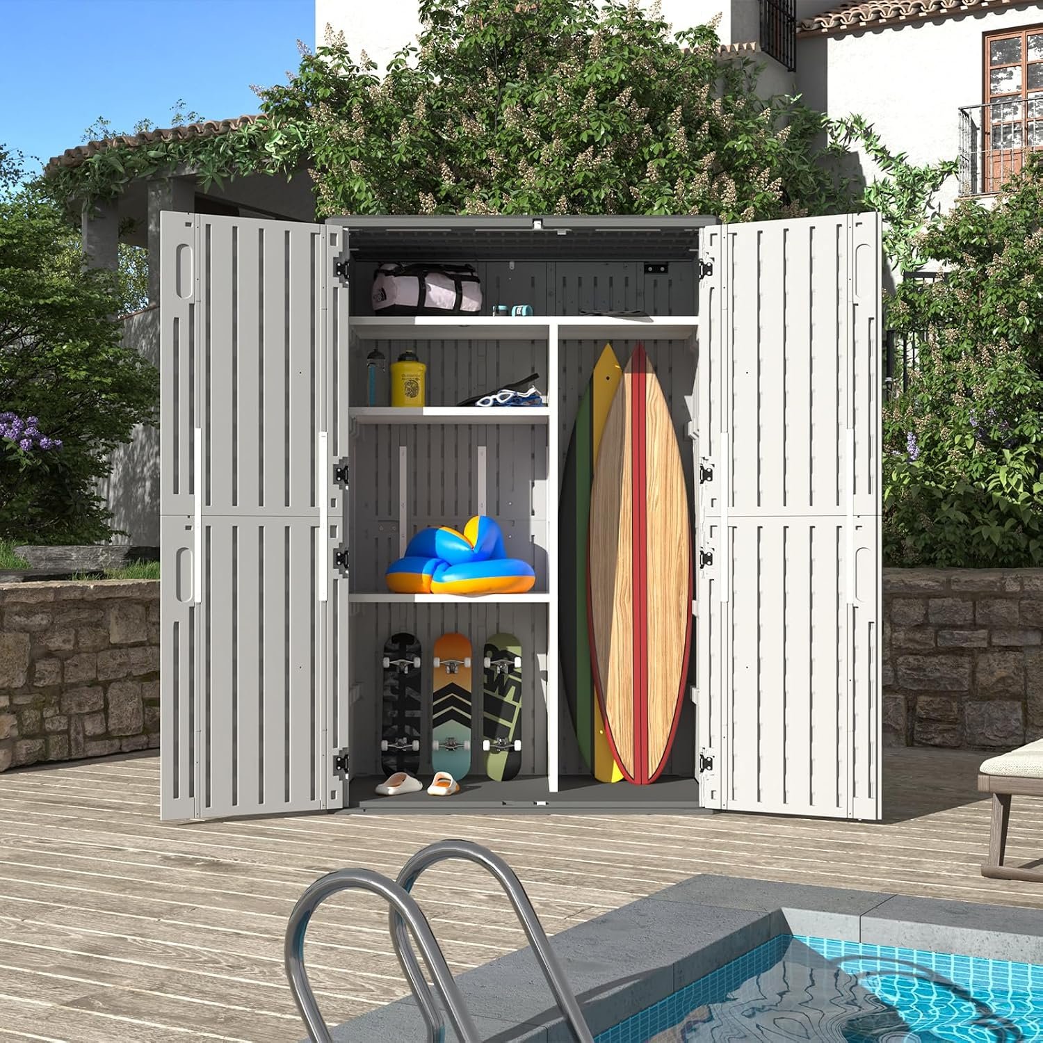 Aoxun Resin Storage Shed – 64 cu ft Outdoor Shed with Metal Shelving Kit, Floor & 4-Door Design for Garden Tools & Equipment - Image 8