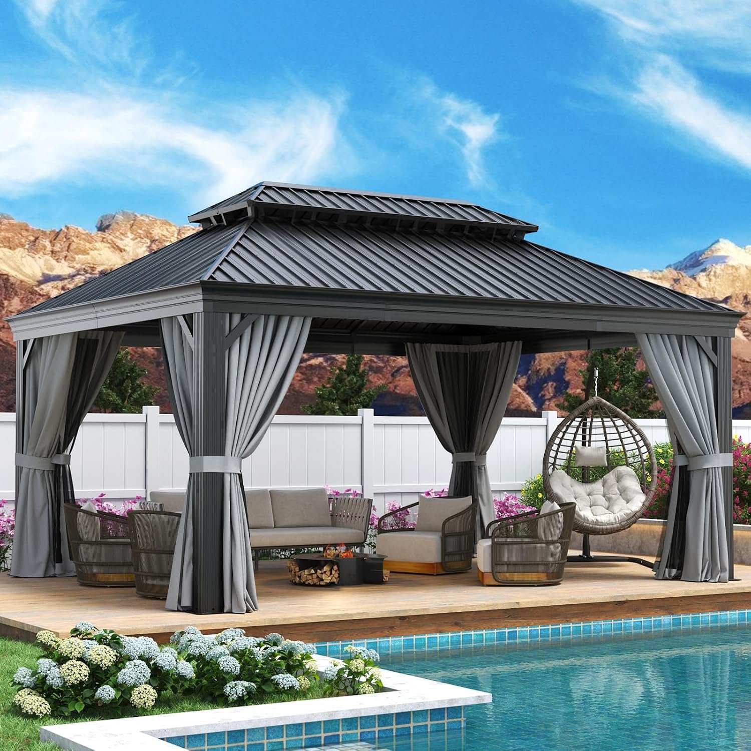 Aoxun 12×16 FT Hardtop Gazebo – Aluminum Outdoor Gazebo with Drainage System, Double Roof & Netting for Patio, Backyard & Gatherings