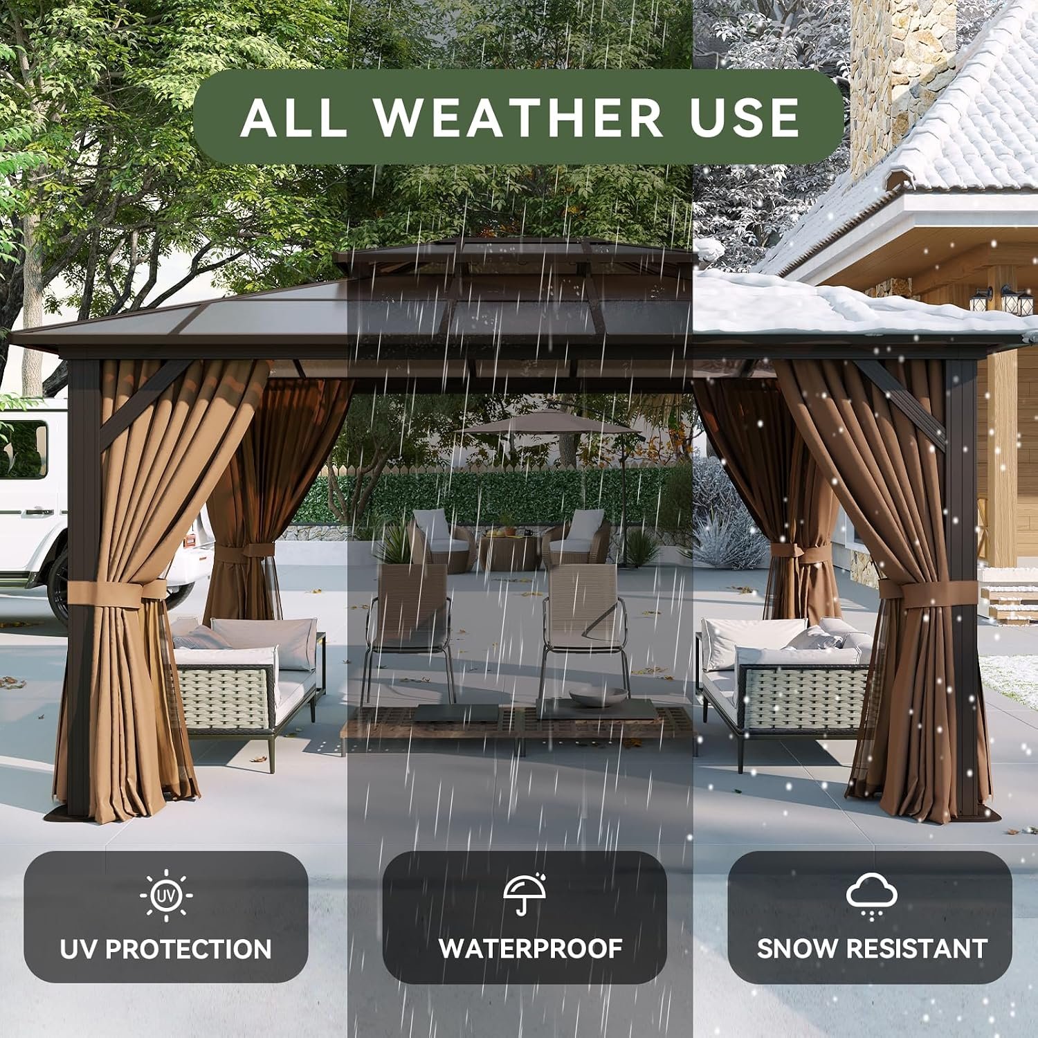 Aoxun 12×10 FT Hardtop Gazebo – Polycarbonate Double Roof with Curtains & Netting for Patio, Backyard & Outdoor Gatherings - Image 5