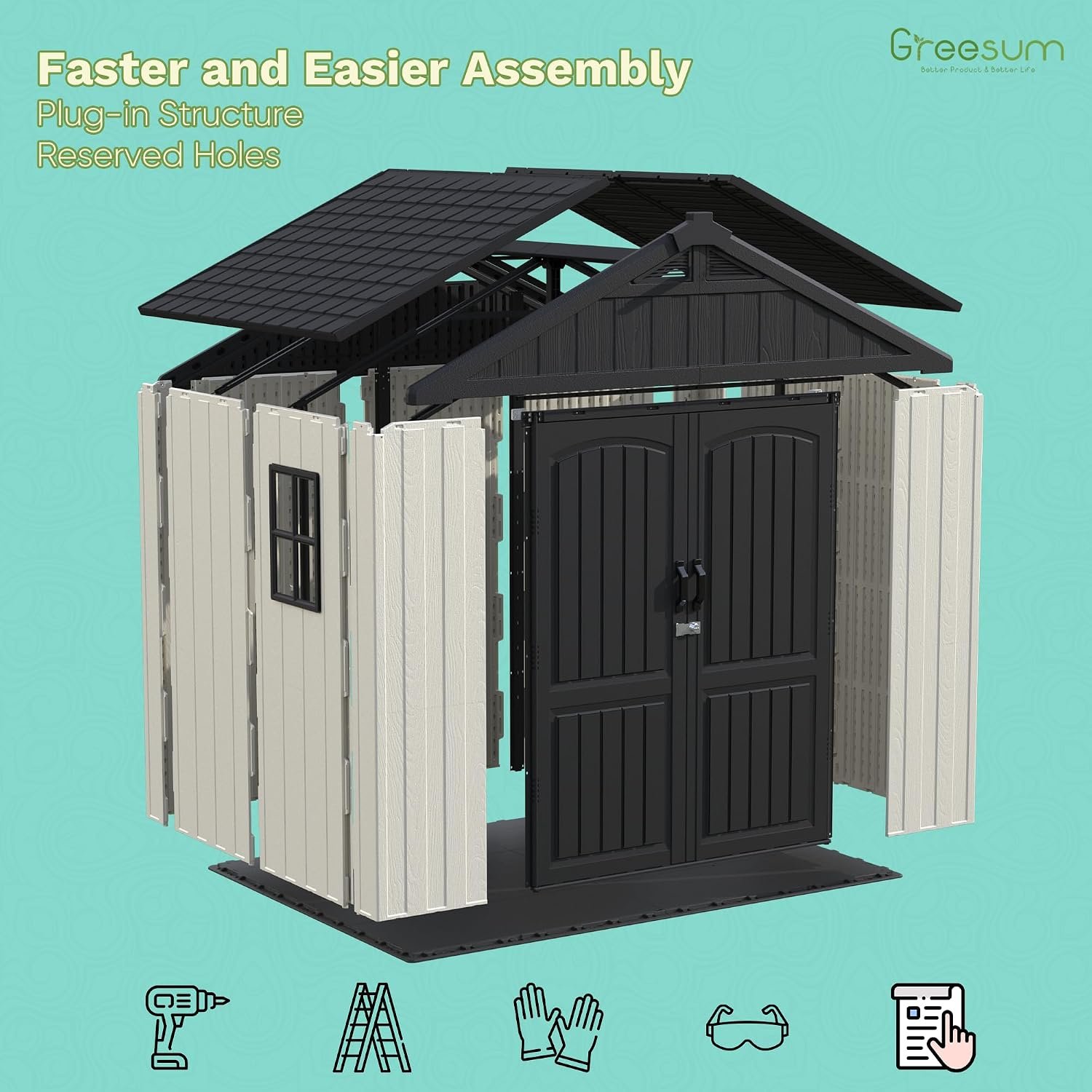 Greesum 8×6 FT Outdoor Storage Shed – Plastic Resin Shed with Floor, Window & Lockable Door for Garden Tools & Bikes - Image 4