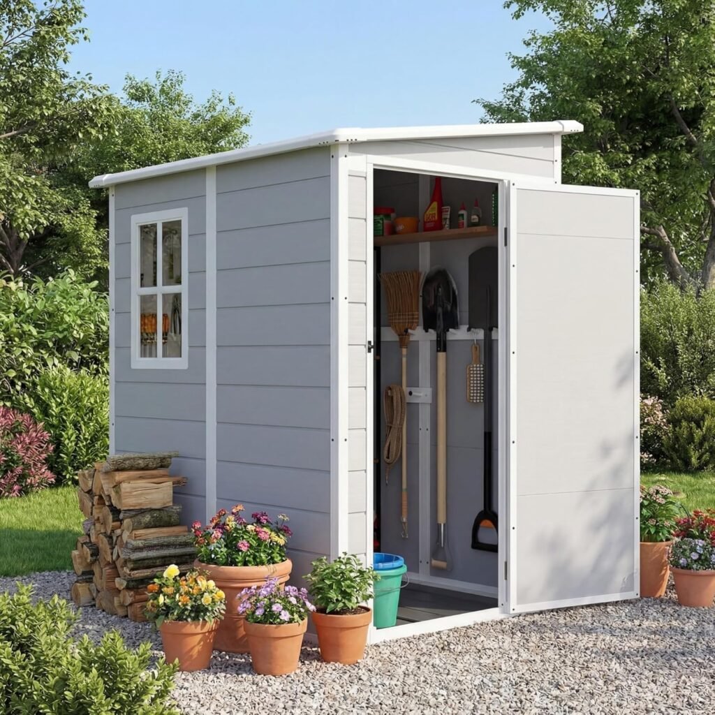 Devoko 5×4 FT Outdoor Storage Shed – Plastic Shed with Floor, Lockable Door & Window for Garden Tools & Pool Supplies