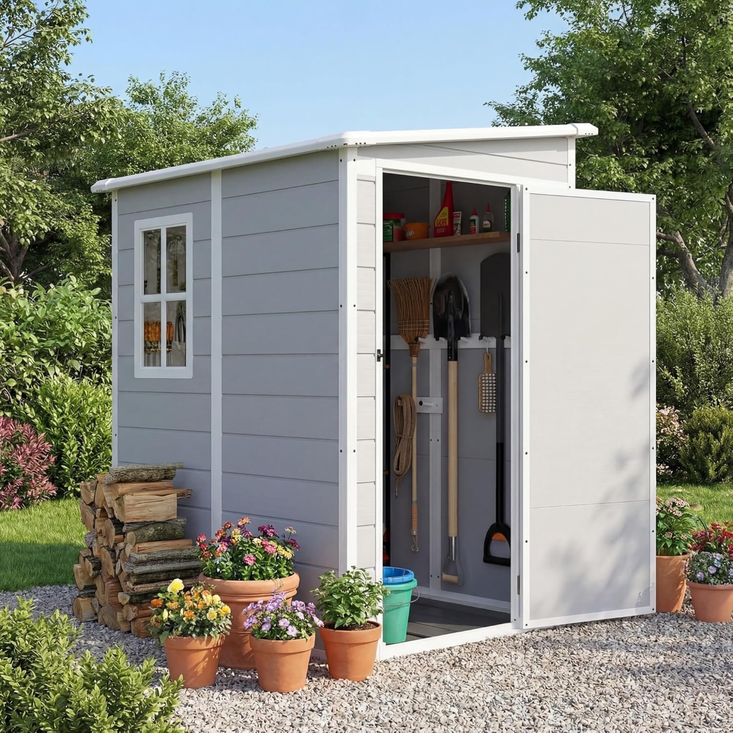 Devoko 5×4 FT Outdoor Storage Shed – Plastic Shed with Floor, Lockable Door & Window for Garden Tools & Pool Supplies