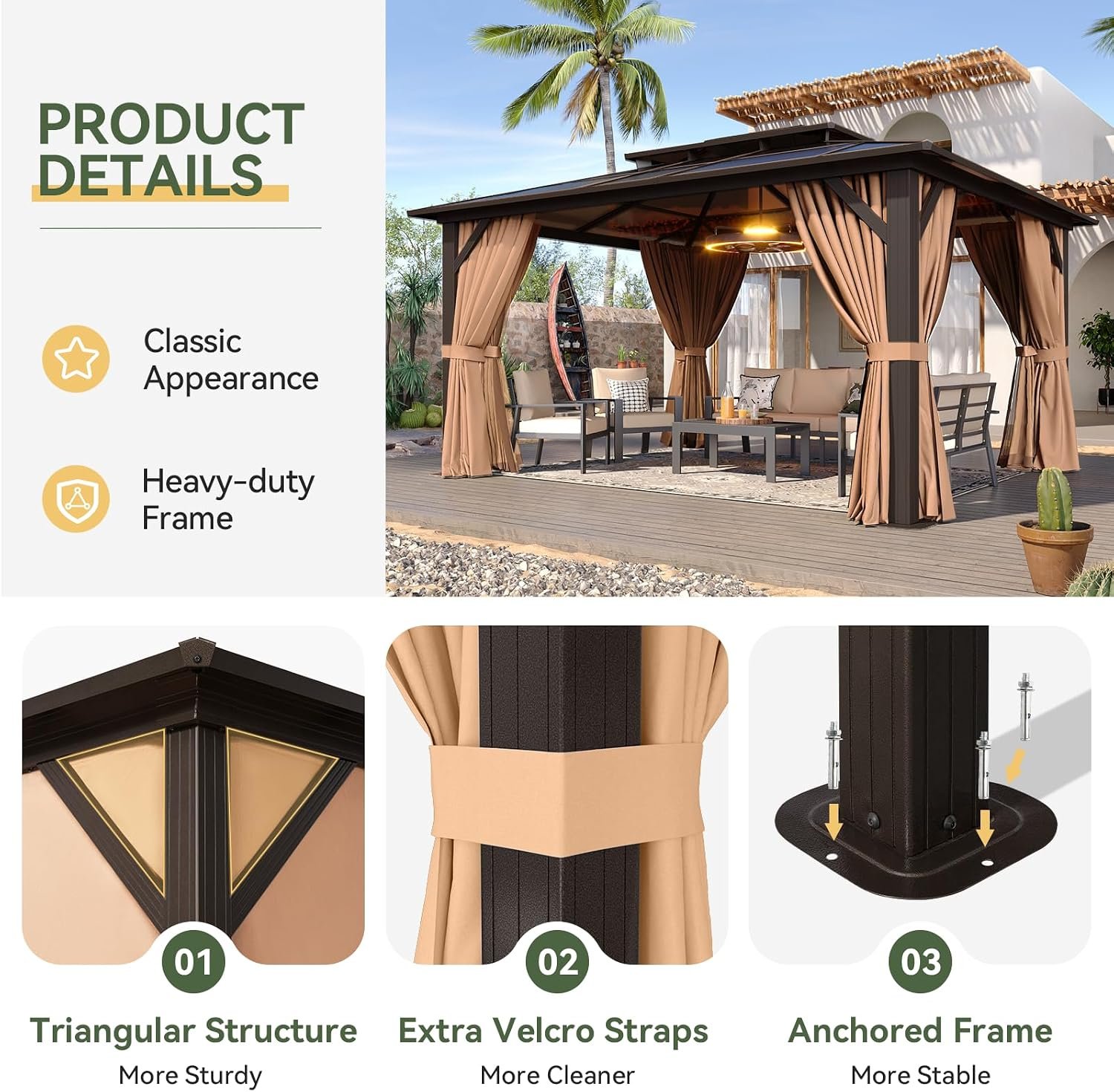 Aoxun 12×10 FT Hardtop Gazebo – Polycarbonate Double Roof with Curtains & Netting for Patio, Backyard & Outdoor Gatherings - Image 6