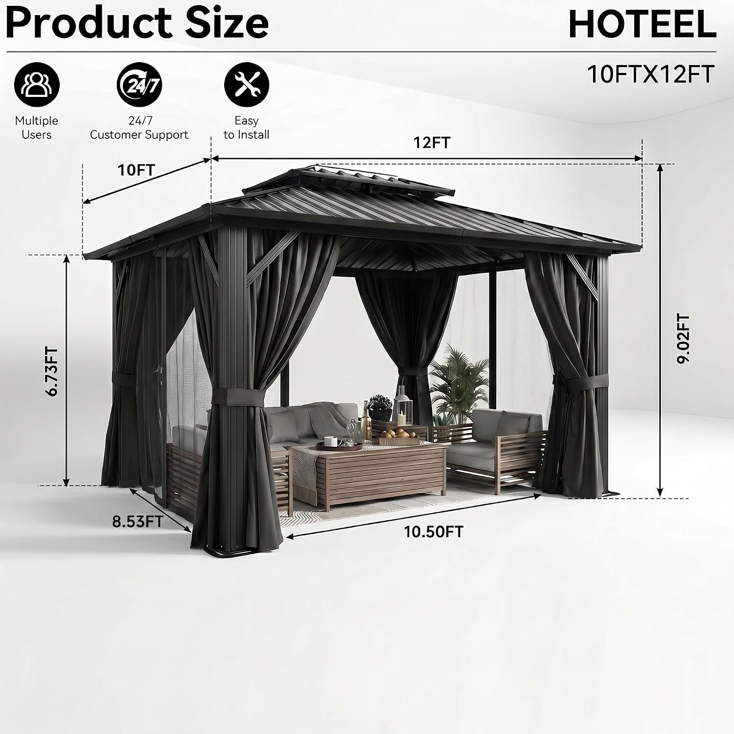 HOTEEL 10×12 FT Hardtop Gazebo – Galvanized Steel Double Roof with Flame-Retardant Curtains & Netting for Patio, Backyard & Outdoor Parties - Image 3