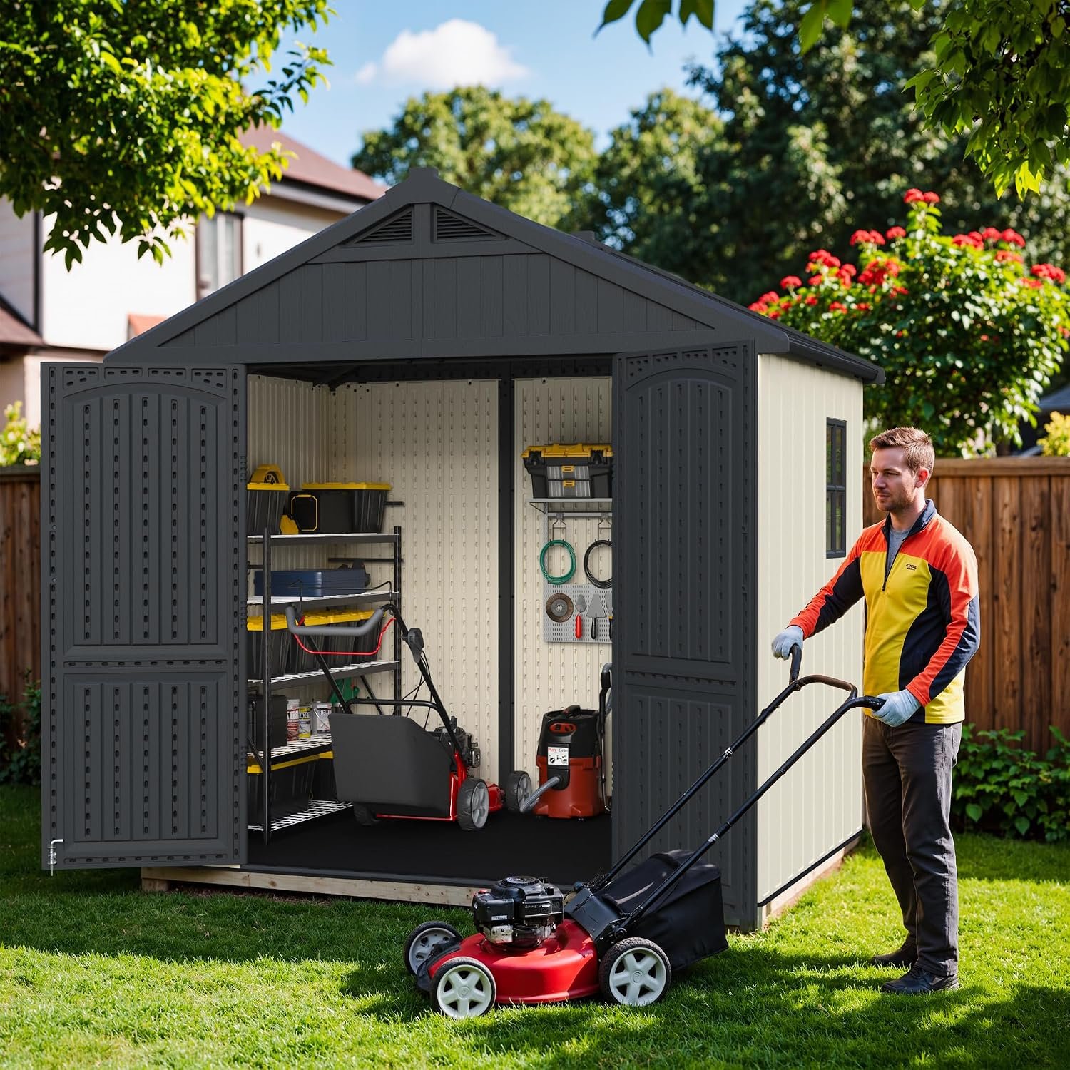 Greesum 8×6 FT Outdoor Storage Shed – Plastic Resin Shed with Floor, Window & Lockable Door for Garden Tools & Bikes - Image 7