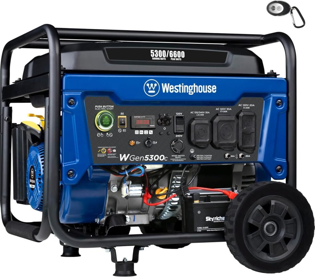Westinghouse WGen5300c Portable Generator – 6,600W Peak/5,300W Running with Remote Electric Start & CO Sensor – WGen5300c