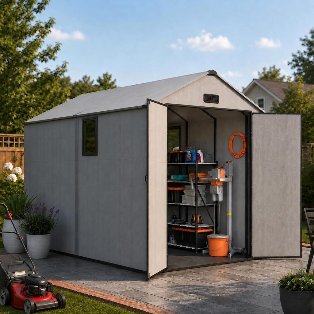 MNLR 6×10 FT Outdoor Storage Shed – Resin Shed with Floor, Window & Lockable Door for Garden Tools, Bikes & Lawn Mowers
