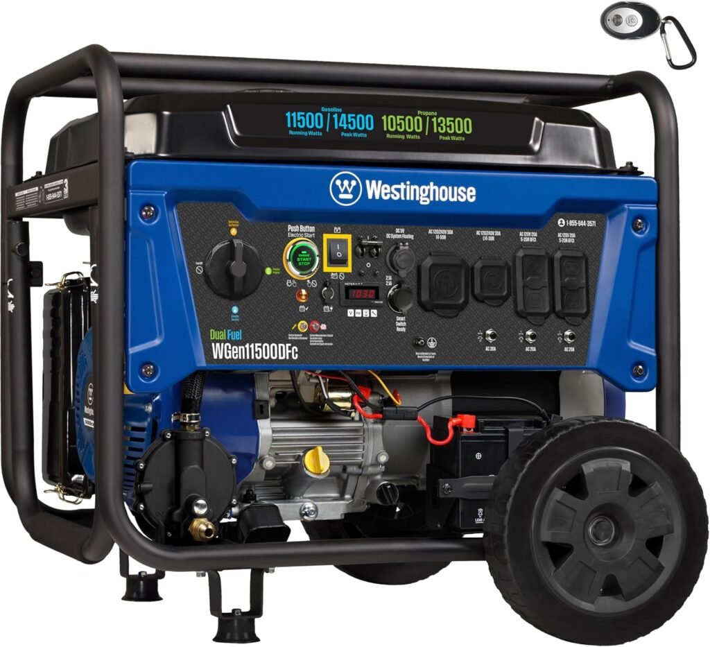 Westinghouse WGen11500DFc Dual Fuel Portable Generator – 14,500W Gas/13,500W Propane with Remote Start & CO Sensor – WGen11500DFc