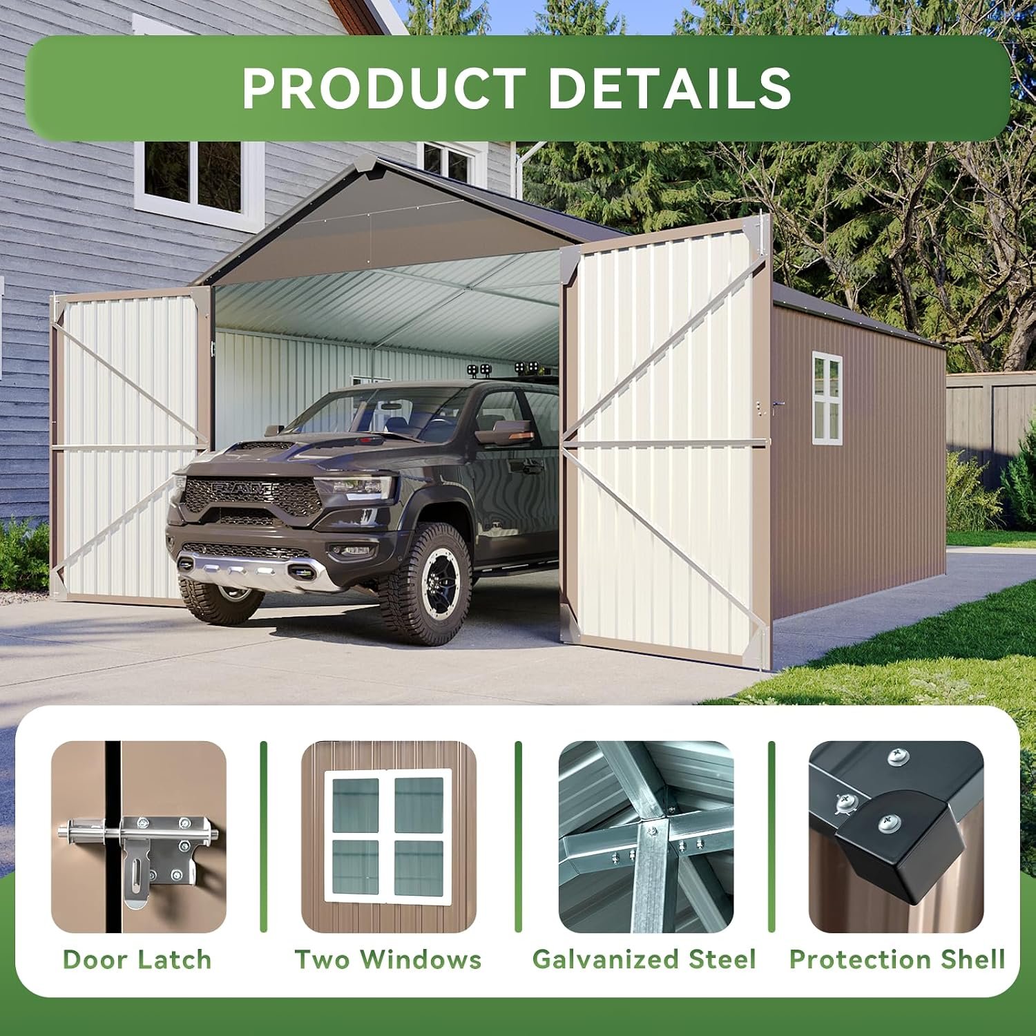 Aoxun 12x20x9.3 FT Metal Storage Shed – 1700 cu ft Outdoor Garage with Double Doors, Side Door & Windows for Vehicles & Garden Tools - Image 6