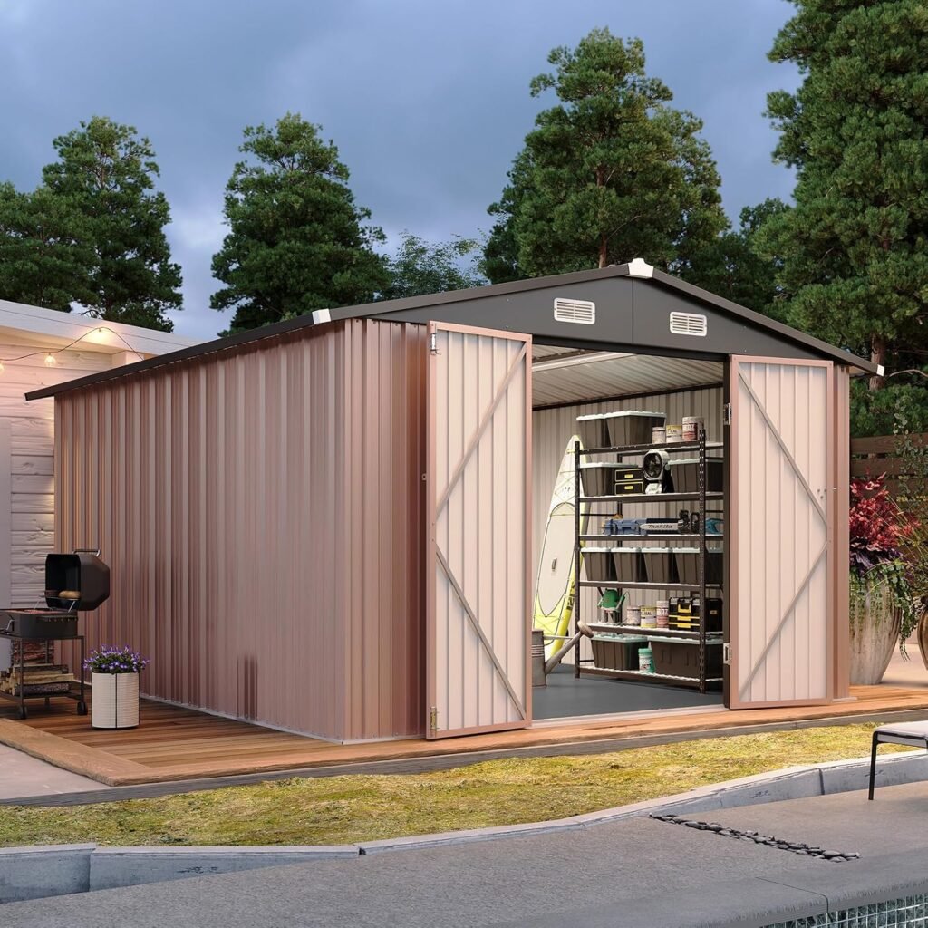Aoxun Metal Storage Shed – Galvanized Steel Outdoor Shed with Floor, Lockable Doors & Sloped Roof for Garden Tools & Equipment