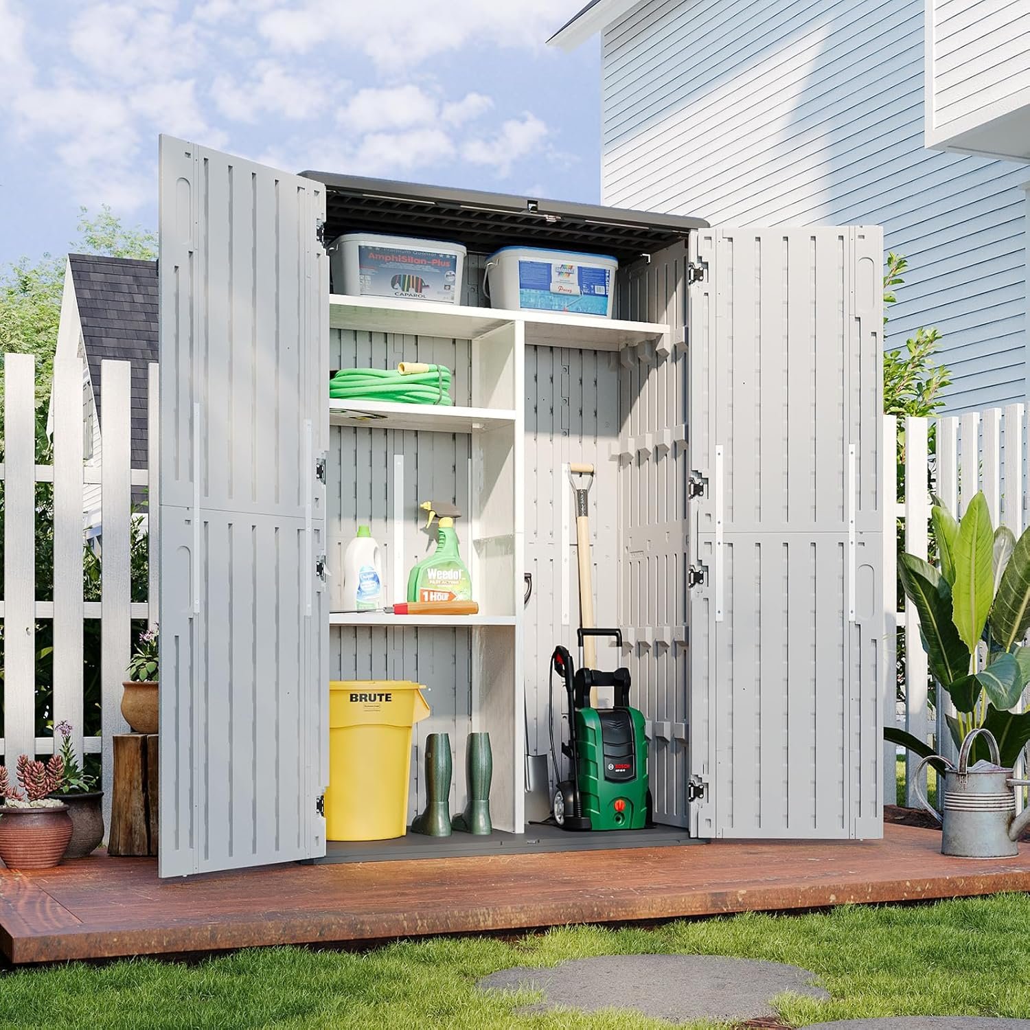 Aoxun Resin Storage Shed – 64 cu ft Outdoor Shed with Metal Shelving Kit, Floor & 4-Door Design for Garden Tools & Equipment