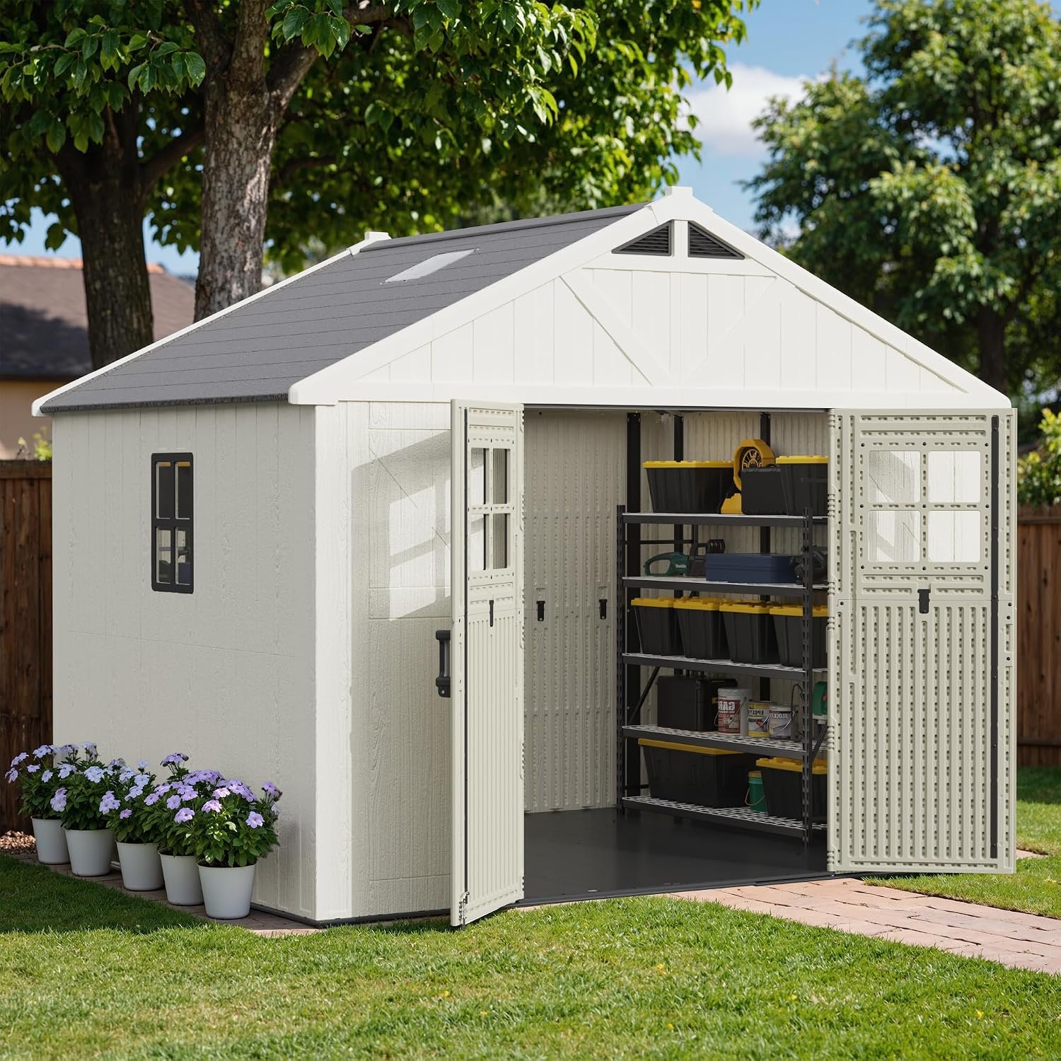 Greesum 10×8 FT Outdoor Storage Shed – Resin Shed with Floor, 3 Windows & Skylights for Garden Tools, Patio & Backyard Storage - Image 7