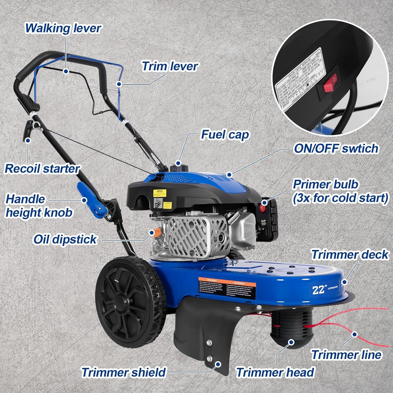 BILT HARD 22″ Walk Behind String Trimmer with 170cc Engine & 14″ Flat Free Wheels – Garden - Image 7