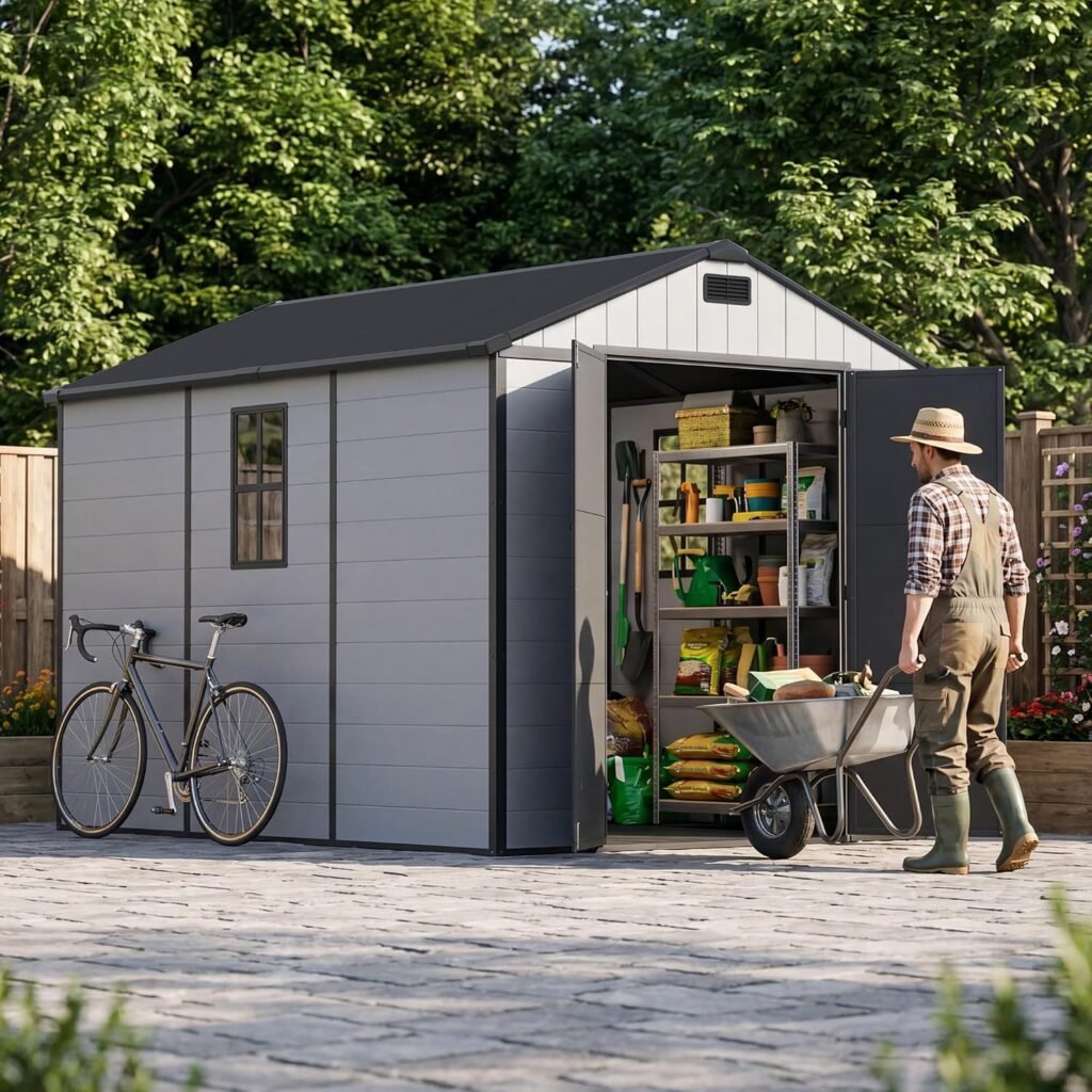 Patiowell 8×10 FT Outdoor Storage Shed – Resin Shed with Floor, Lockable Door & Window for Garden Tools, Bikes & Lawn Equipment