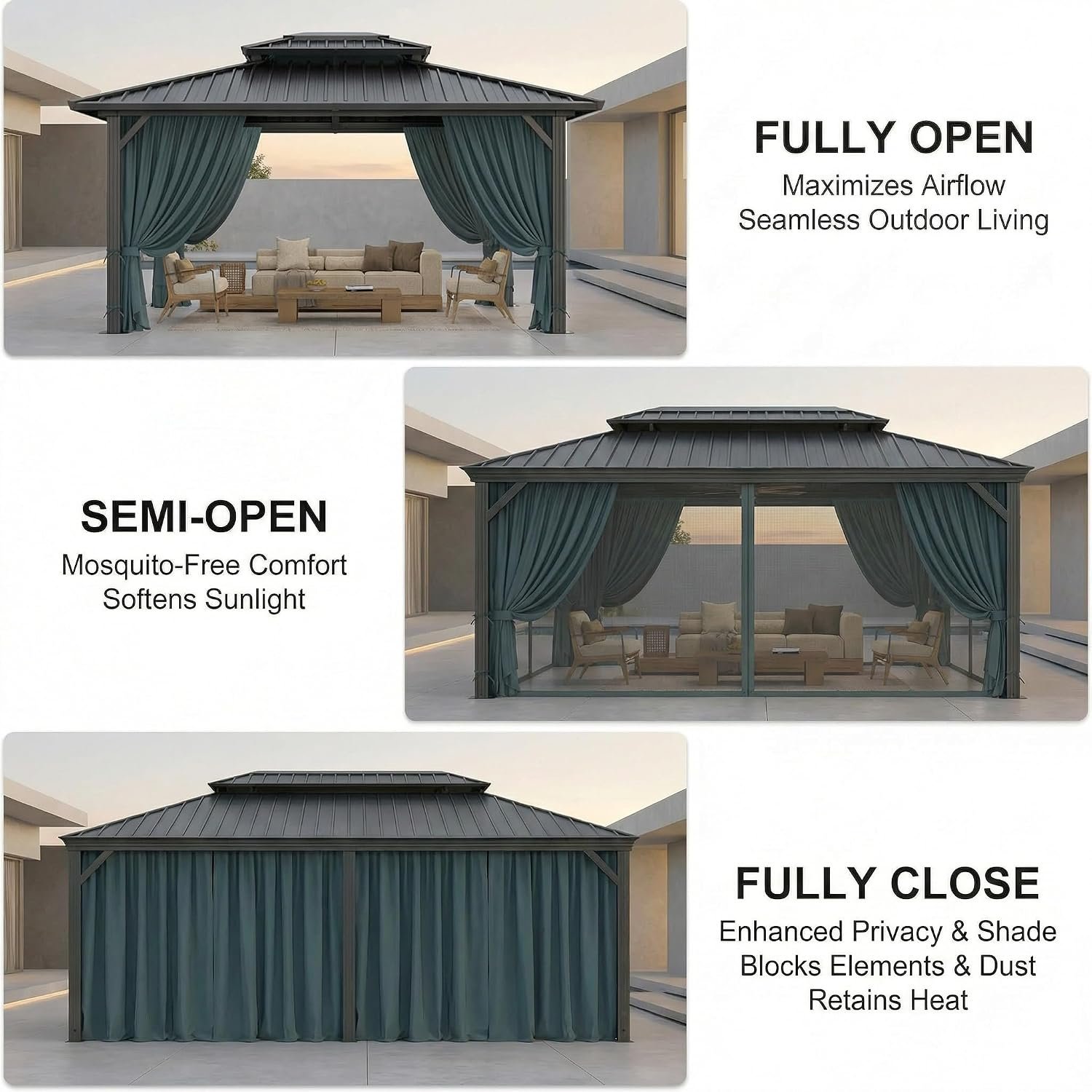 HOTEEL 10×12 FT Hardtop Gazebo – Galvanized Steel Double Roof with Flame-Retardant Curtains & Netting for Patio, Backyard & Outdoor Parties - Image 4