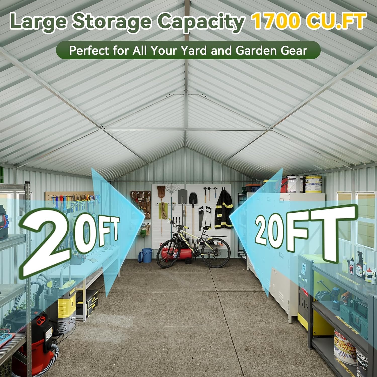 Aoxun 12x20x9.3 FT Metal Storage Shed – 1700 cu ft Outdoor Garage with Double Doors, Side Door & Windows for Vehicles & Garden Tools - Image 5