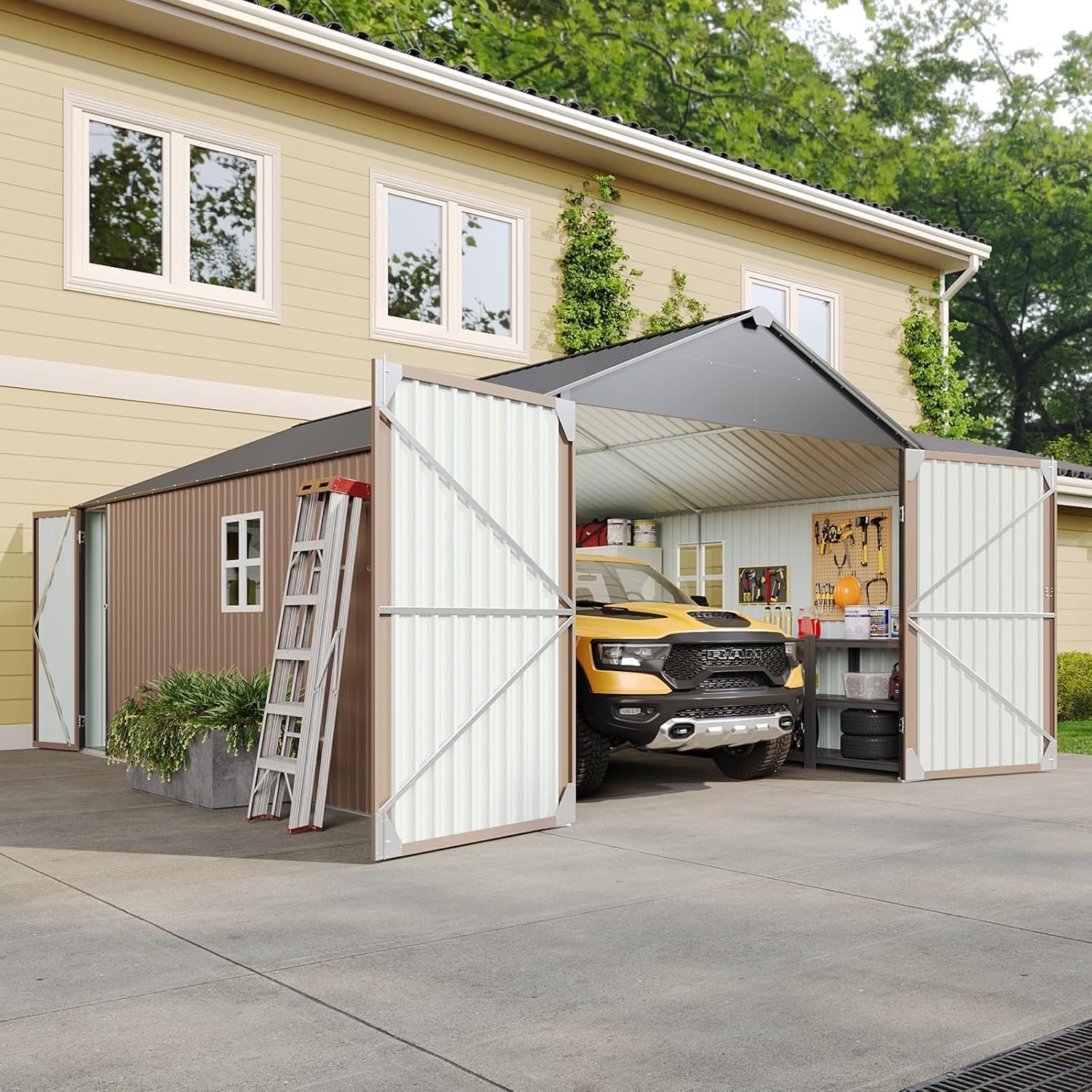 Aoxun 12x20x9.3 FT Metal Storage Shed – 1700 cu ft Outdoor Garage with Double Doors, Side Door & Windows for Vehicles & Garden Tools - Image 9