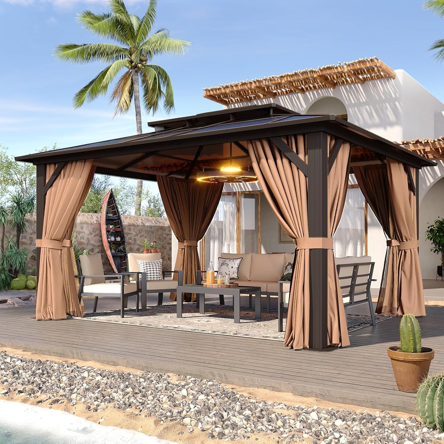 Aoxun 12×10 FT Hardtop Gazebo – Polycarbonate Double Roof with Curtains & Netting for Patio, Backyard & Outdoor Gatherings