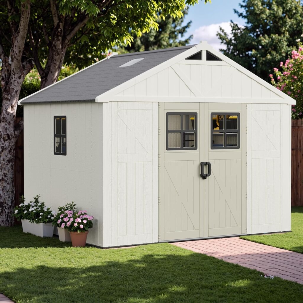 Greesum 10×8 FT Outdoor Storage Shed – Resin Shed with Floor, 3 Windows & Skylights for Garden Tools, Patio & Backyard Storage