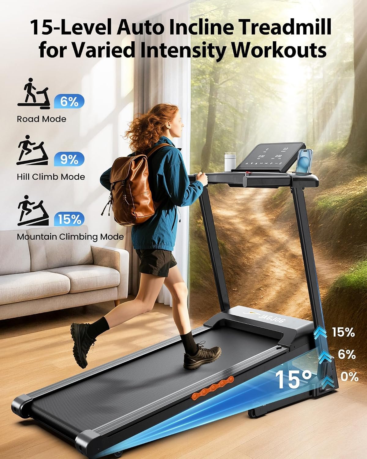JAGJOG JT61 Foldable Treadmill with 15% Auto Incline & 3.0HP Motor – JT61 - Image 2