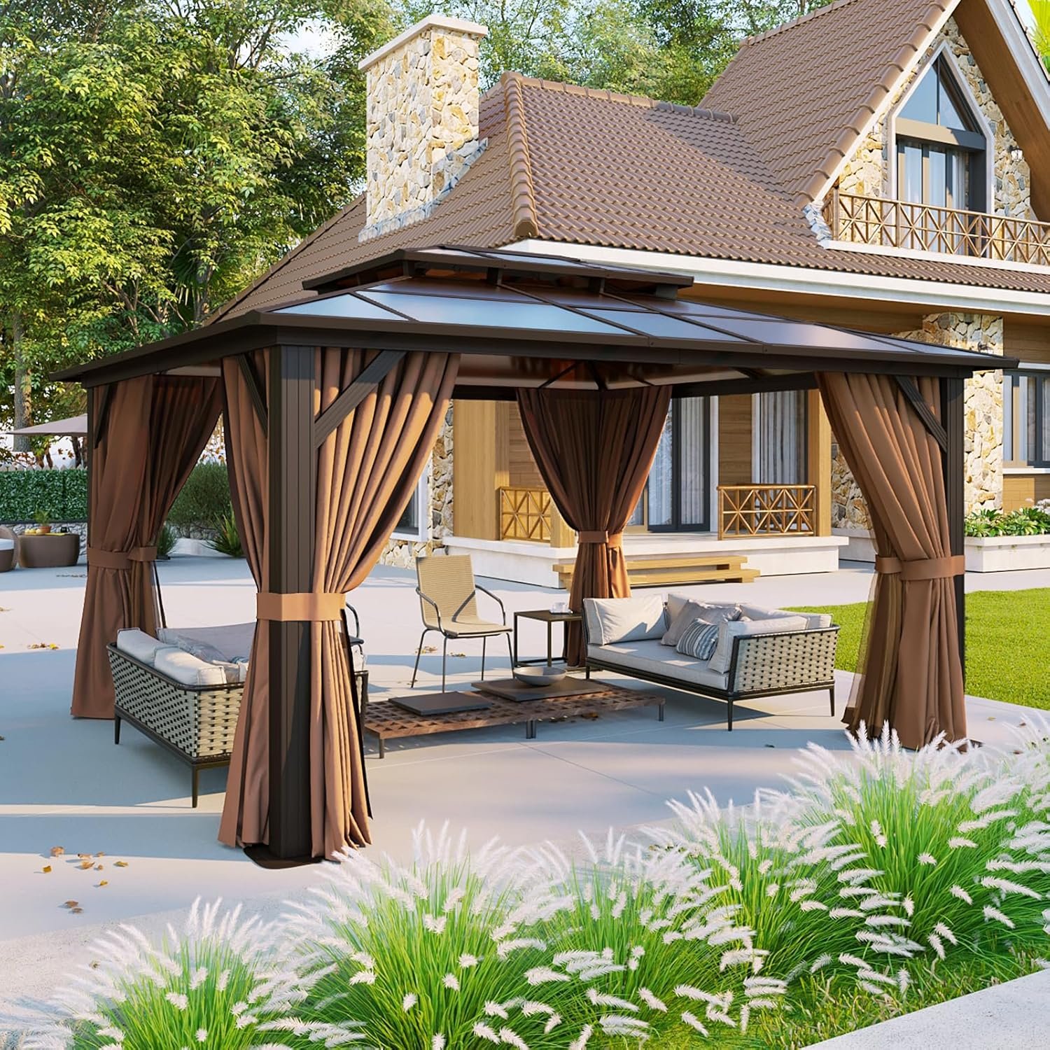 Aoxun 12×10 FT Hardtop Gazebo – Polycarbonate Double Roof with Curtains & Netting for Patio, Backyard & Outdoor Gatherings - Image 2