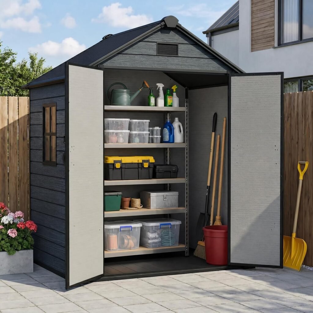 ZYJOYY 6×4.4 FT Outdoor Storage Shed – 16mm Resin Shed with Floor, Window & Lockable Doors for Backyard, Garden Tools & Bikes