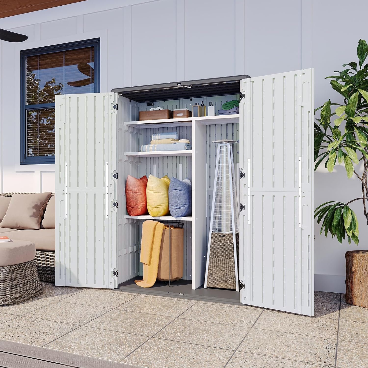 Aoxun Resin Storage Shed – 64 cu ft Outdoor Shed with Metal Shelving Kit, Floor & 4-Door Design for Garden Tools & Equipment - Image 5