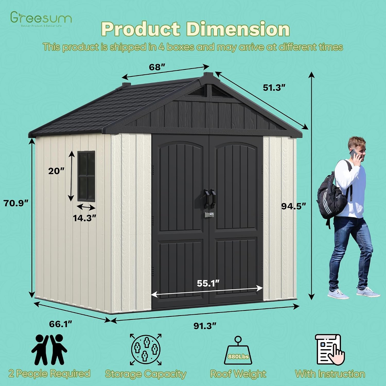 Greesum 8×6 FT Outdoor Storage Shed – Plastic Resin Shed with Floor, Window & Lockable Door for Garden Tools & Bikes - Image 2