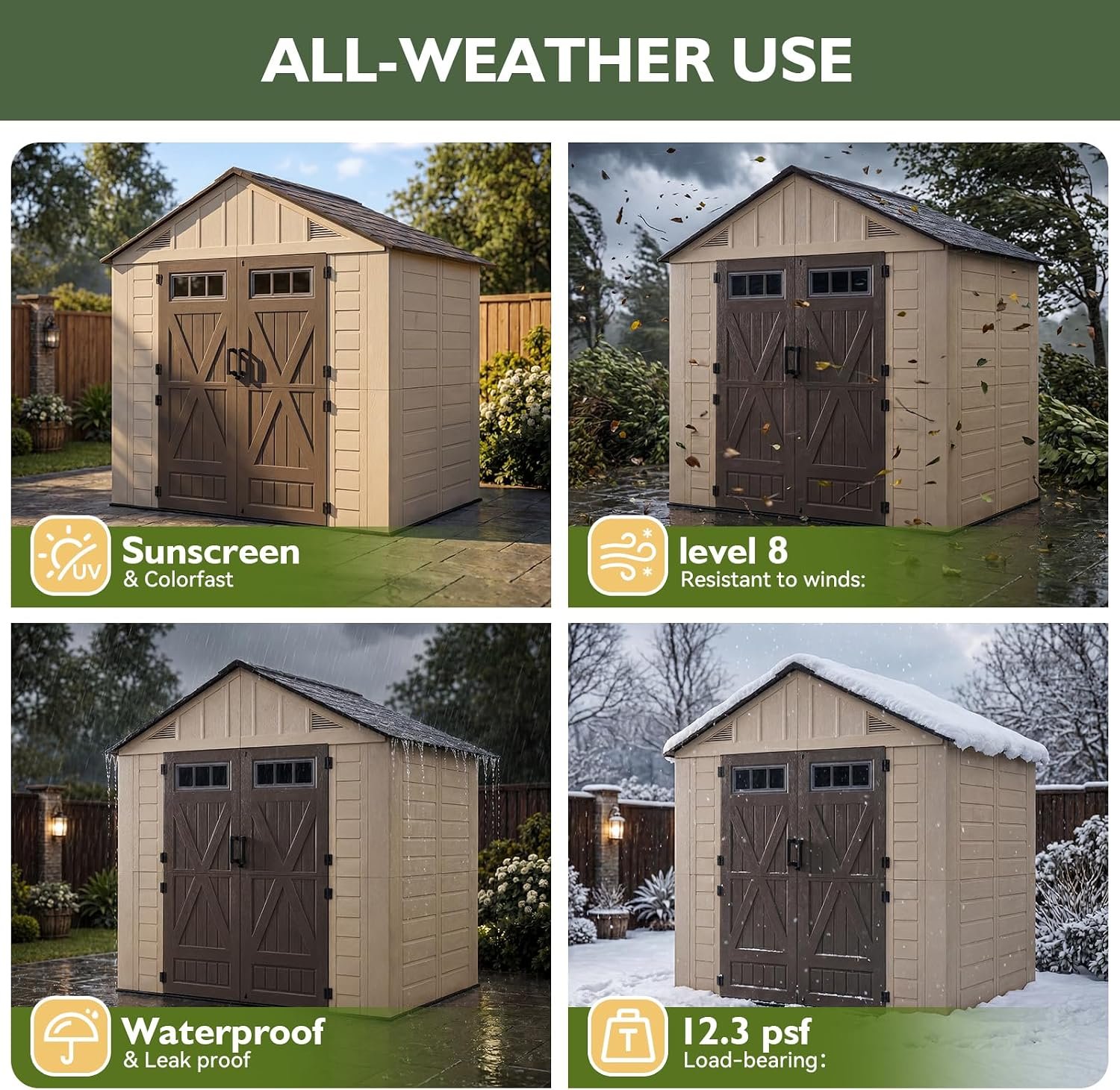 Aoxun 8×6 Ft Outdoor Storage Shed with Floor – Large Resin Shed with Lockable Door & Windows for Lawn Tools, Pool Supplies & Bikes - Image 7