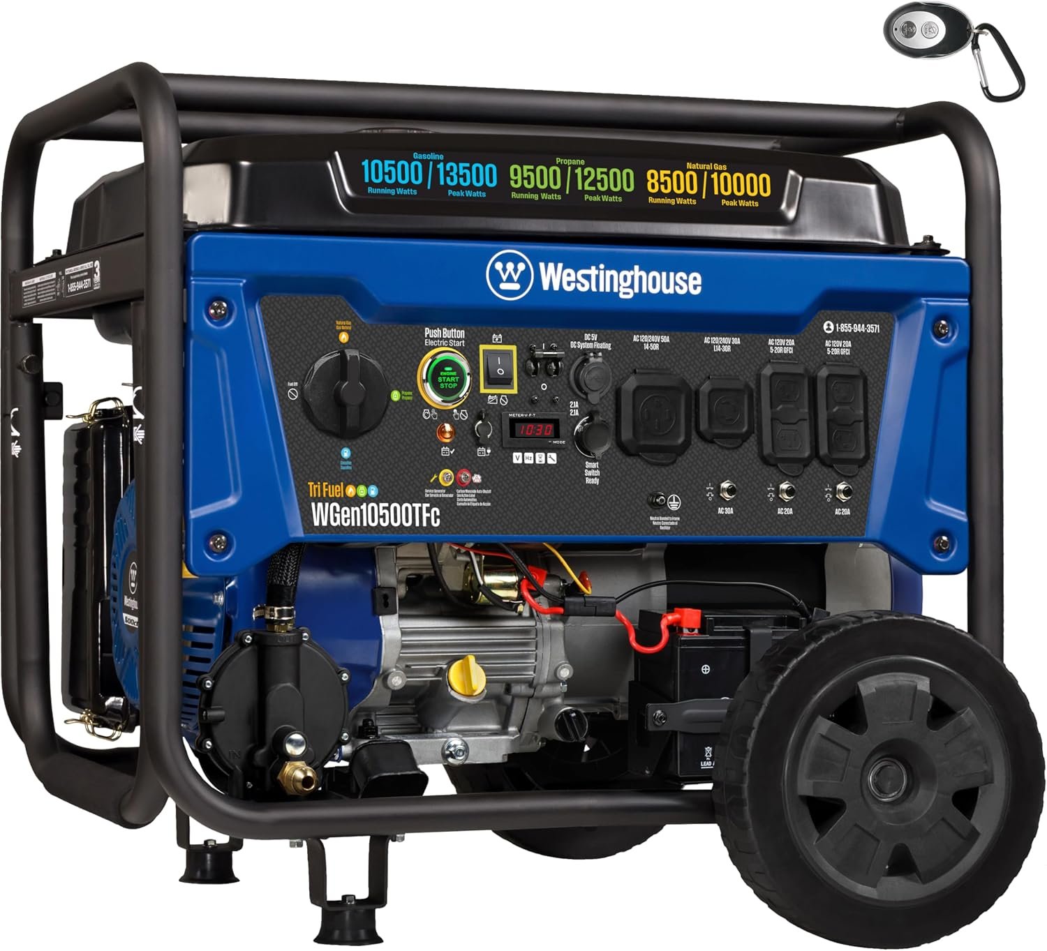 Westinghouse WGen10500TFc Tri-Fuel Portable Generator – 13,500W Gas/12,500W Propane/10,000W NG with Remote Start & CO Sensor – WGen10500TFc