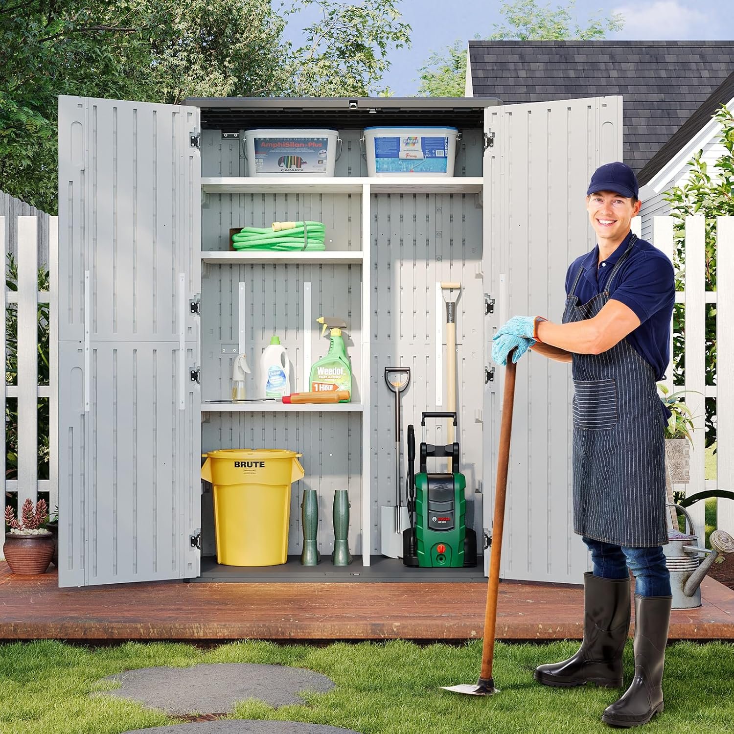 Aoxun Resin Storage Shed – 64 cu ft Outdoor Shed with Metal Shelving Kit, Floor & 4-Door Design for Garden Tools & Equipment - Image 3