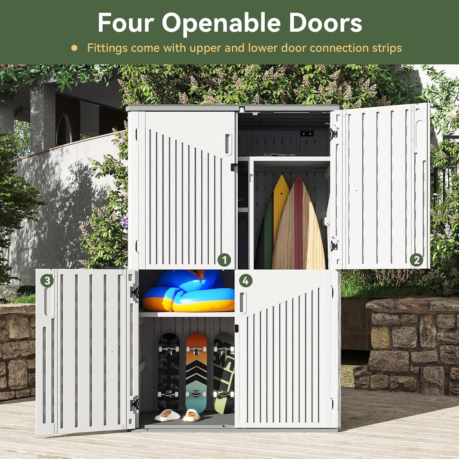 Aoxun Resin Storage Shed – 64 cu ft Outdoor Shed with Metal Shelving Kit, Floor & 4-Door Design for Garden Tools & Equipment - Image 7