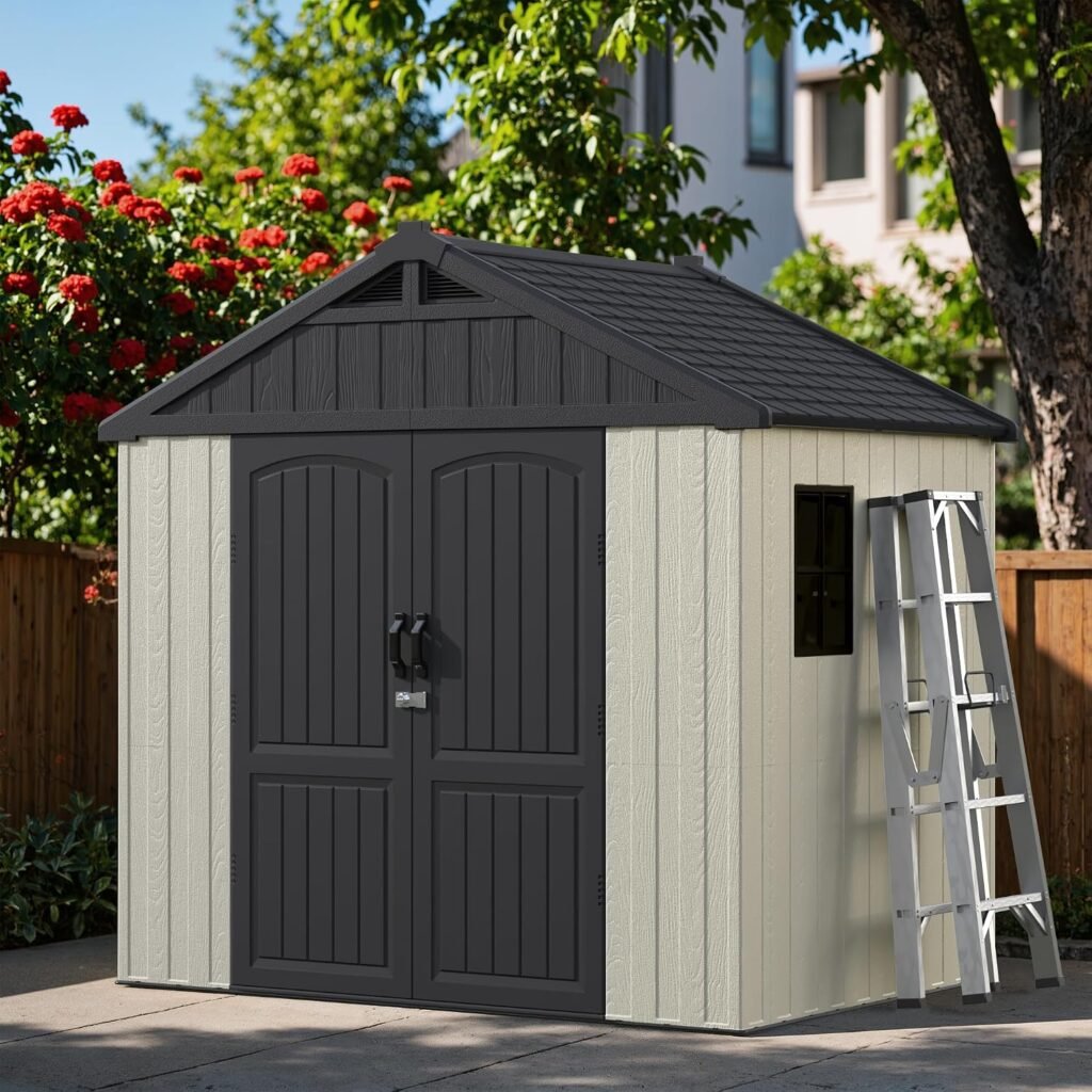 Greesum 8×6 FT Outdoor Storage Shed – Plastic Resin Shed with Floor, Window & Lockable Door for Garden Tools & Bikes