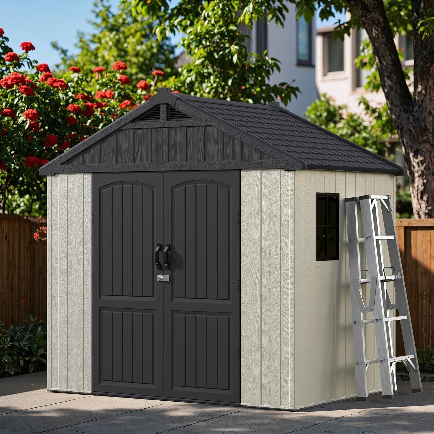 Greesum 8×6 FT Outdoor Storage Shed – Plastic Resin Shed with Floor, Window & Lockable Door for Garden Tools & Bikes