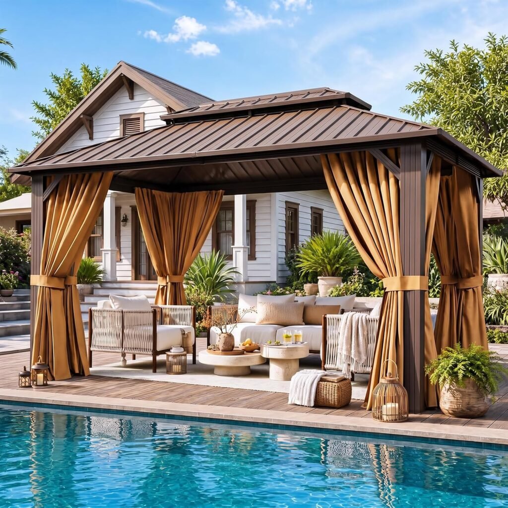 Breezestival 10×12 FT Hardtop Gazebo – Galvanized Steel Double Roof with Netting & Curtains for Patio, Backyard & Outdoor Gatherings