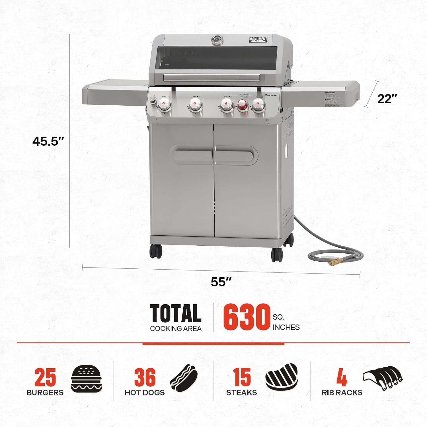 Monument Grills 4+1 Burner Natural Gas Grill – 50,000 BTU with Broil Zone, Knob Lights & 630 Sq In Cooking Area – M415BZNG - Image 2