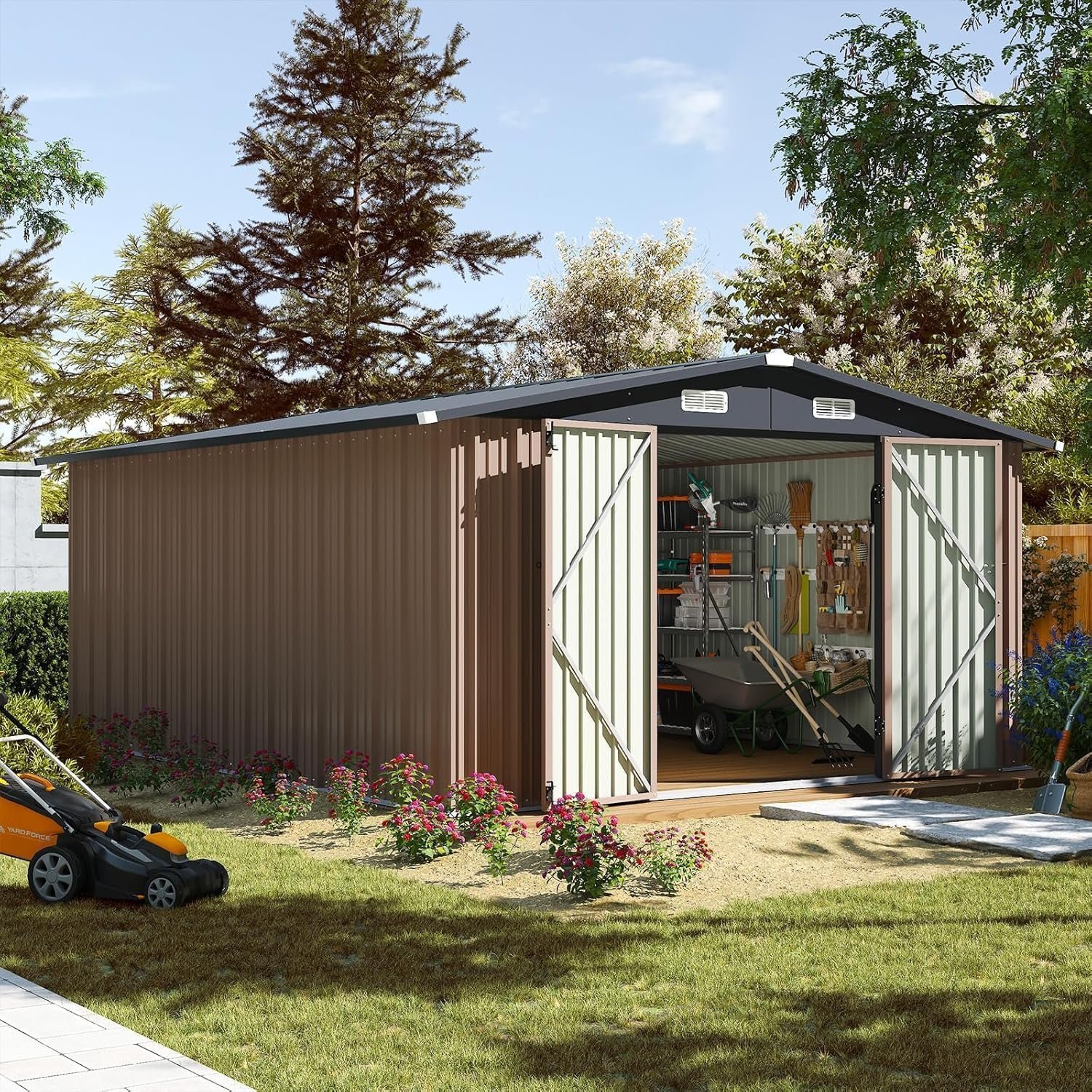 Aoxun 12×10 FT Outdoor Storage Shed – Metal Garden Shed with Double Hinged Doors for Lawn Tools, Bikes & Patio Furniture - Image 8
