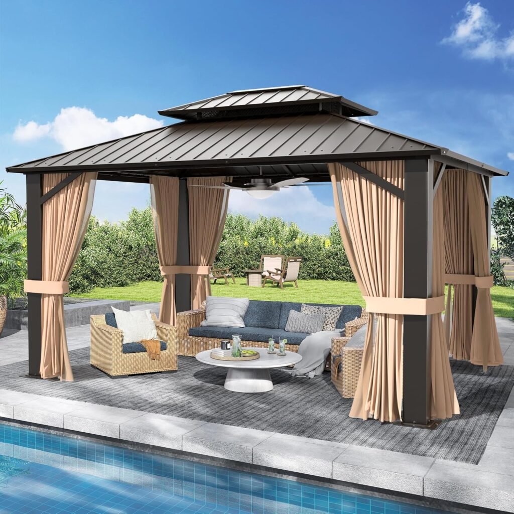 SOLUMIA 10×12 FT Hardtop Gazebo – Galvanized Steel Double Roof with Heavy-Duty Steel Frame, Netting & Curtains for Patio, Backyard & Outdoor Gatherings