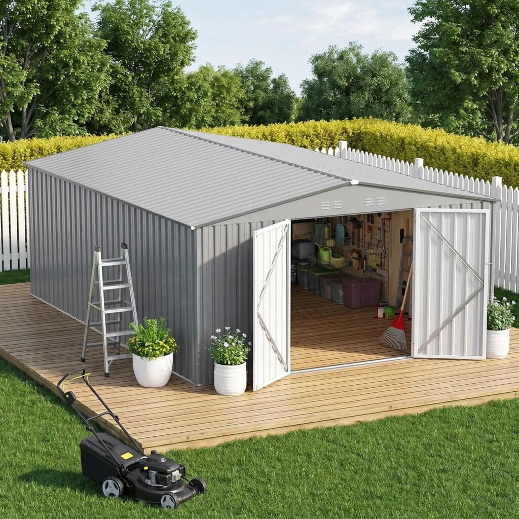 ZEXGONEST 10×12 FT Metal Storage Shed – Heavy Duty Outdoor Shed with Lockable Double Doors, Sloped Roof & Vents for Garden Tools & Equipment