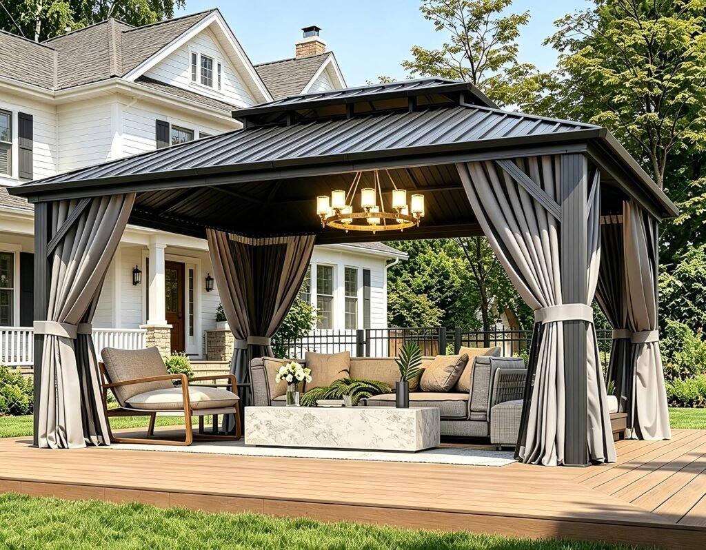 Aoxun 12×16 FT Hardtop Gazebo – Galvanized Steel Double Roof with Curtains & Netting for Patio, Backyard & Large Gatherings