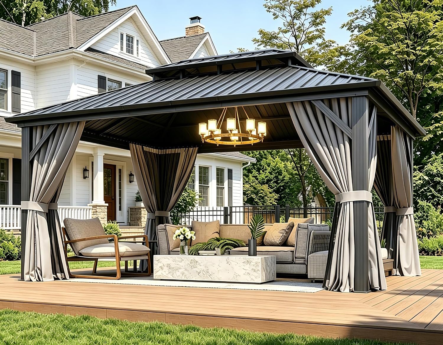Aoxun 12×16 FT Hardtop Gazebo – Galvanized Steel Double Roof with Curtains & Netting for Patio, Backyard & Large Gatherings