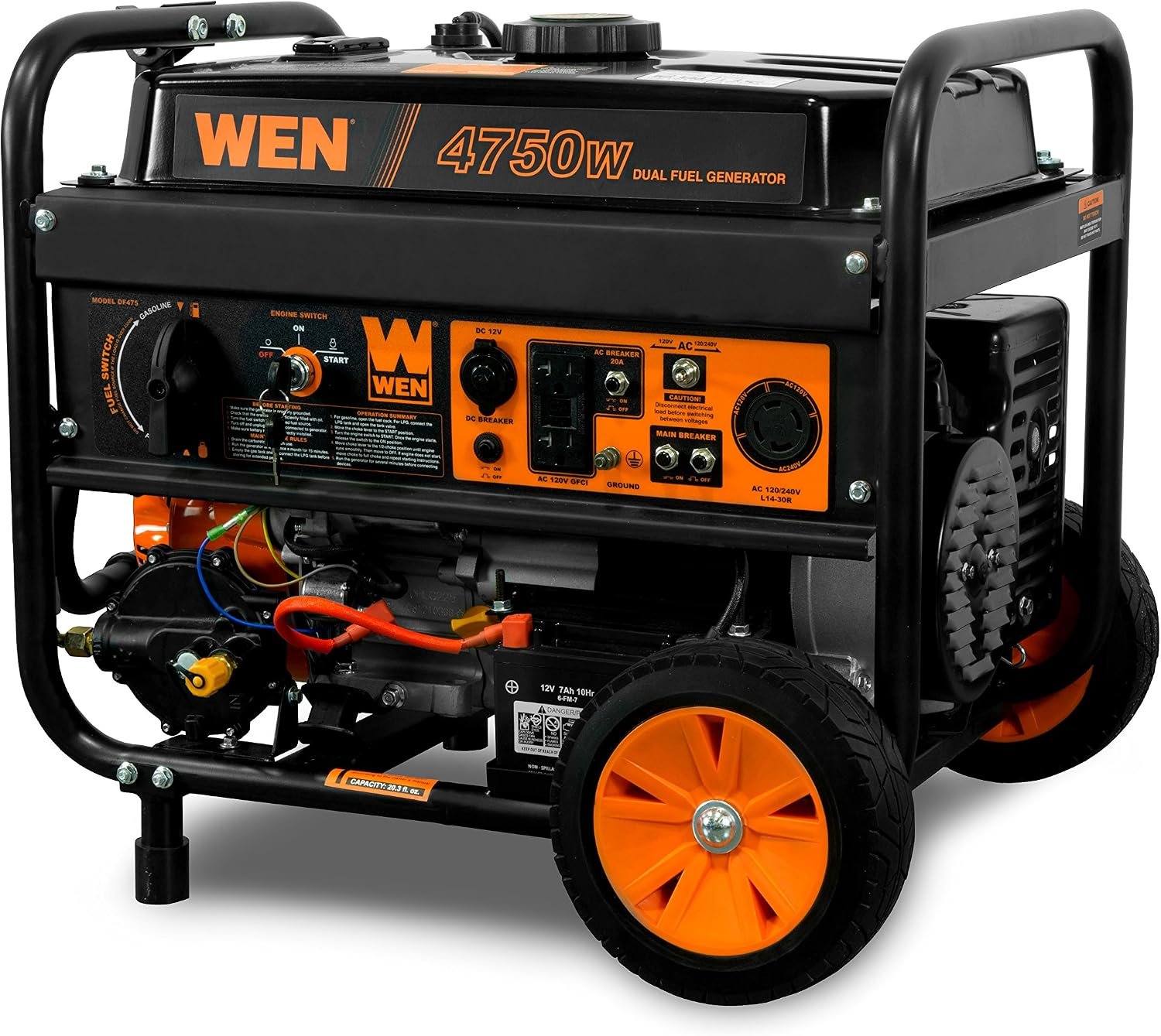 WEN DF475T Dual Fuel Portable Generator – 4,750W Gas/4,350W Propane with Electric Start & Transfer Switch Ready – DF475T