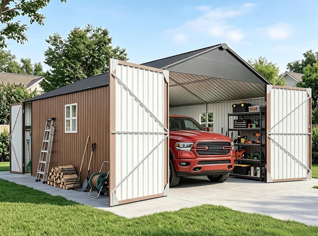 Aoxun 12x20x9.3 FT Metal Storage Shed – 1700 cu ft Outdoor Garage with Double Doors, Side Door & Windows for Vehicles & Garden Tools