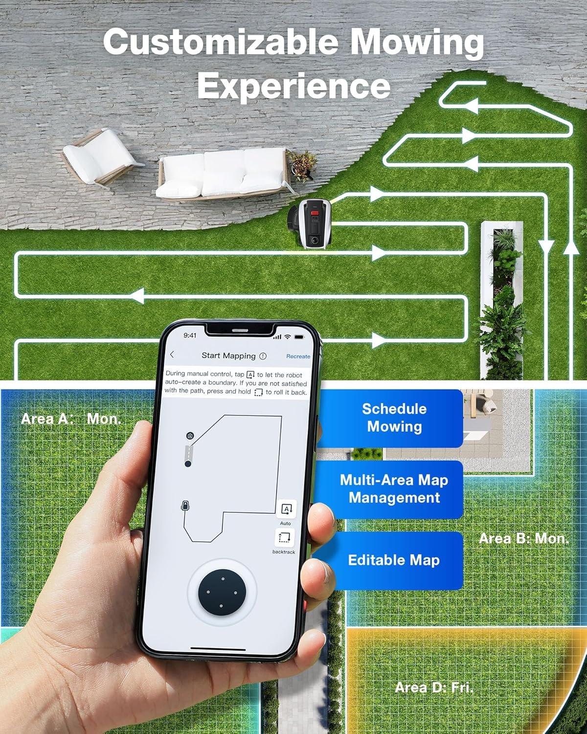 ECOVACS GOAT O1000 LiDAR PRO Robot Lawn Mower – Wire-Free LiDAR Navigation with AI Obstacle Avoidance & Edge Trimming for 1/4 Acre - Image 5