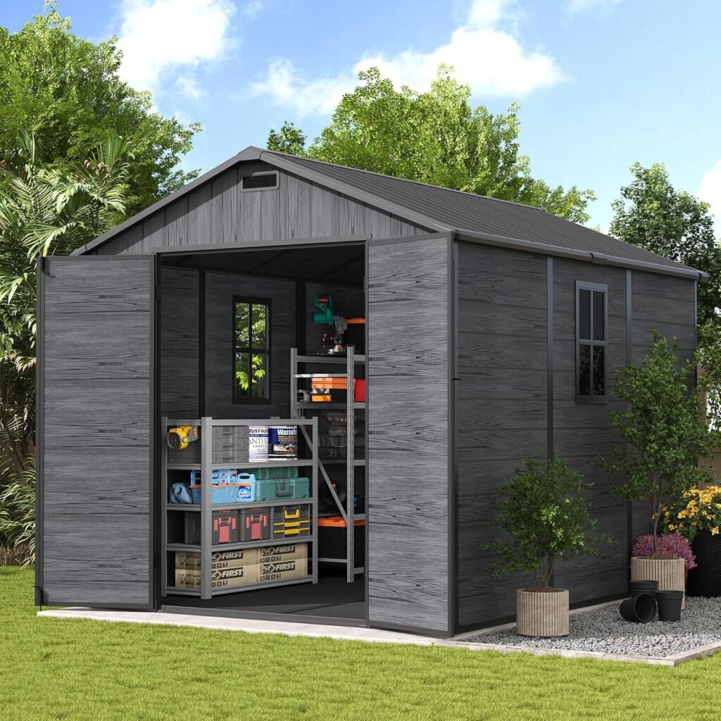 UDPATIO 8×10 FT Outdoor Resin Storage Shed – Plastic Shed with Floor, Lockable Doors & Weatherproof Construction for Garden Tools, Bikes & Lawn Equipment