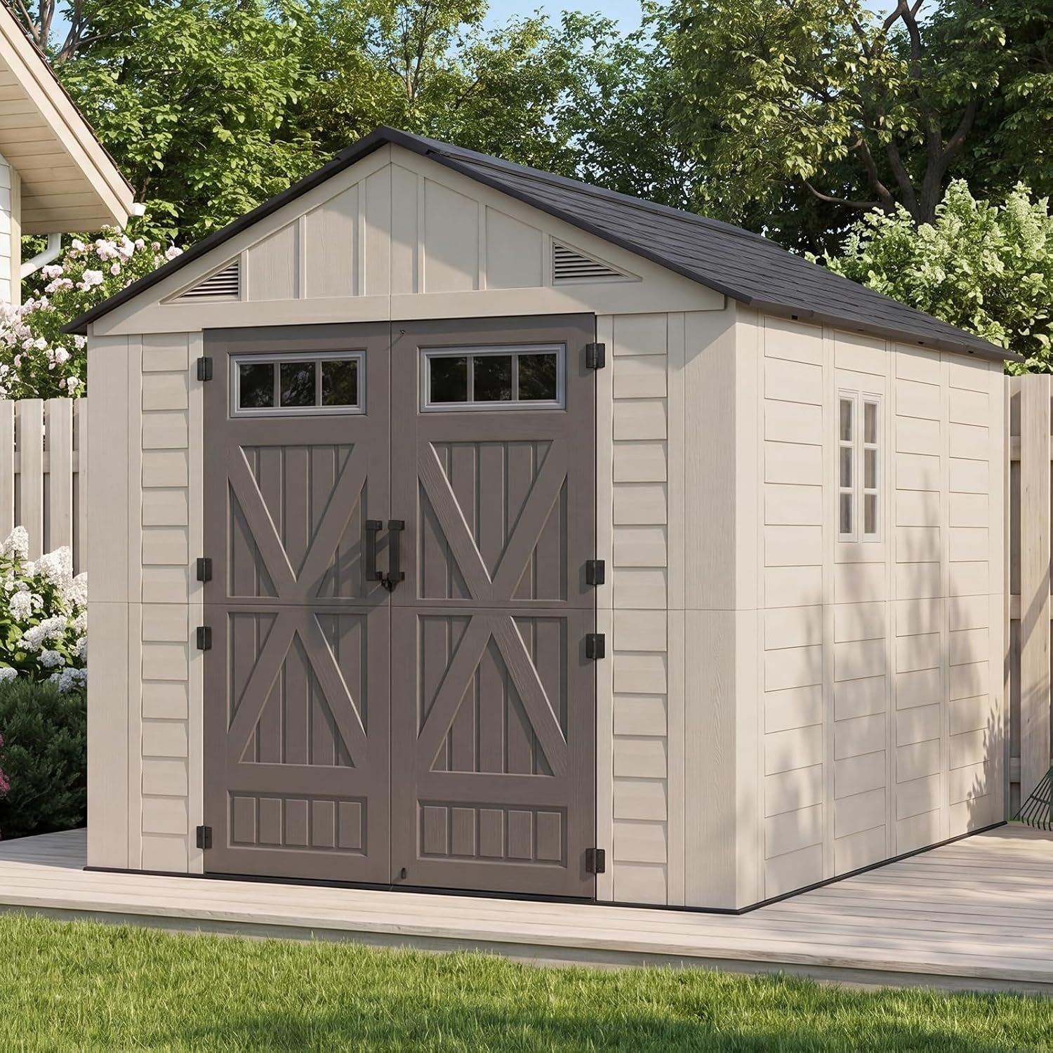 LazySunsets 8×10 FT Outdoor Storage Shed – Large Resin Shed with Floor, Windows & Lockable Door for Bike, Lawn Tools, Garbage Can - Image 8